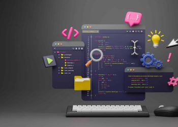 Programmer developer typing script source languages coding symbols icon development project data programming software engineering IT technologies computer. 3d rendering.
